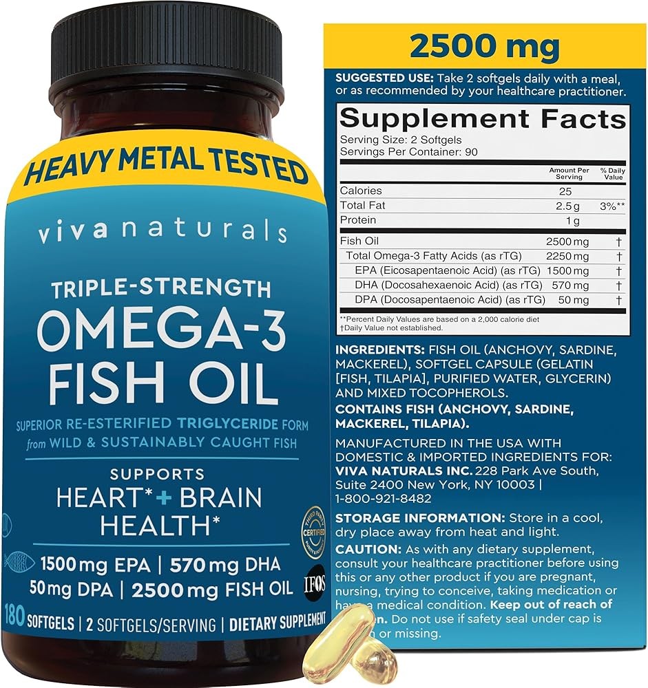 Triple Strength Fish Oil Omega 3 Supplements for Women and Men – 2500 mg High-Potency, Easy-to-Absorb Re-esterified Triglyceride Form, Pescatarian-Friendly DPA Omega 3 EPA DHA Supplement,180 Softgels