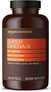 Amazon Elements Super Omega-3, Wild-Caught Fish Oil, Natural Lemon Flavor, EPA & DHA Omega-3 Fatty Acids, 1280 mg per...