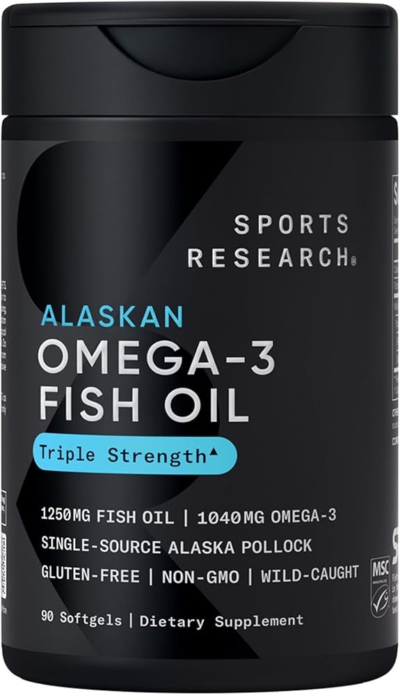 Sports Research Omega-3 Fish Oil 1250 - Triple Strength Fish Oil Supplement from Wild Alaska Pollock - MSC Certified Sustainable · Non-GMO · Soy Free - 90 Softgel Capsules