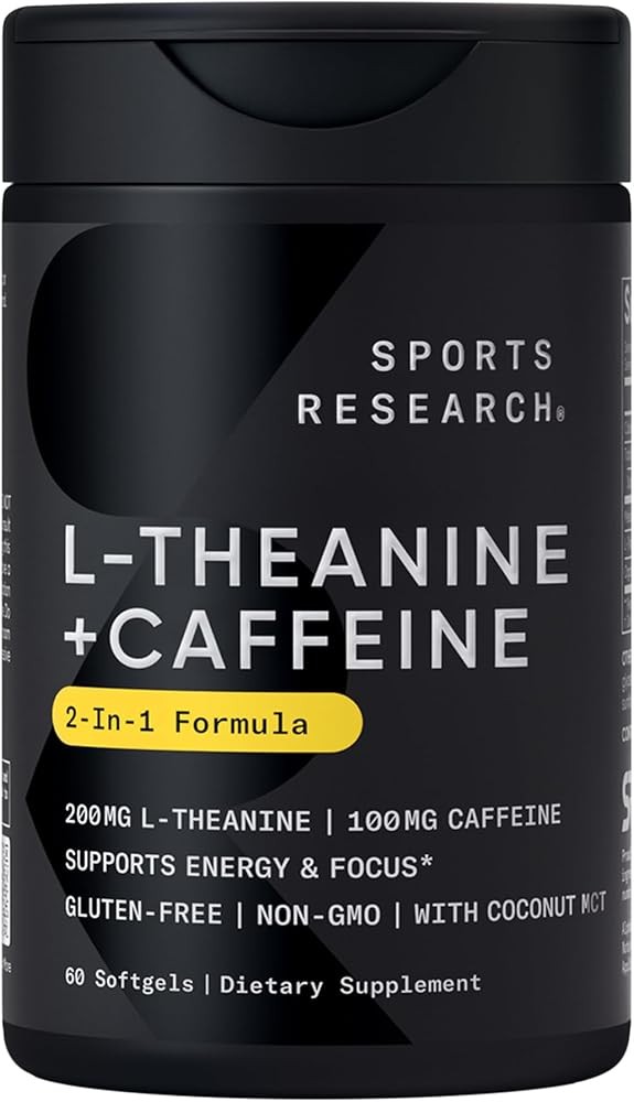 Sports Research L-Theanine Supplement with Caffeine & Coconut MCT Oil - Focused Energy, Alertness & Relaxation Without Drowsiness - 200mg L Theanine, 100mg Organic Caffeine - 60 Liquid Softgels