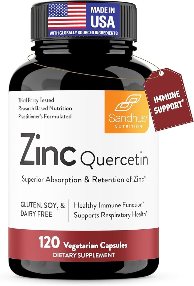 Sandhu's Zinc Quercetin 120 Vegetarian Capsules (Pack of 1) | High Absorption Zink Supplements for Immunity and Seaso...