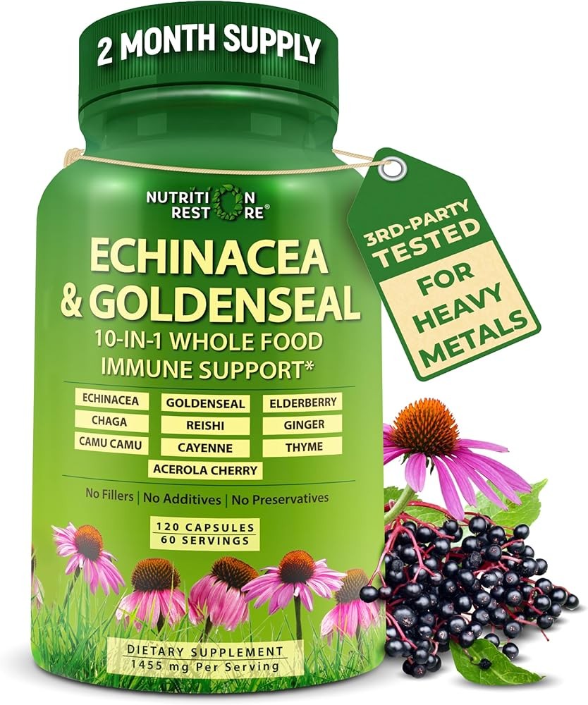 Echinacea Goldenseal Capsules - 10 in 1 Immune Support Supplement - 1455mg - Vegan Echinacea Capsules Supplement Made...
