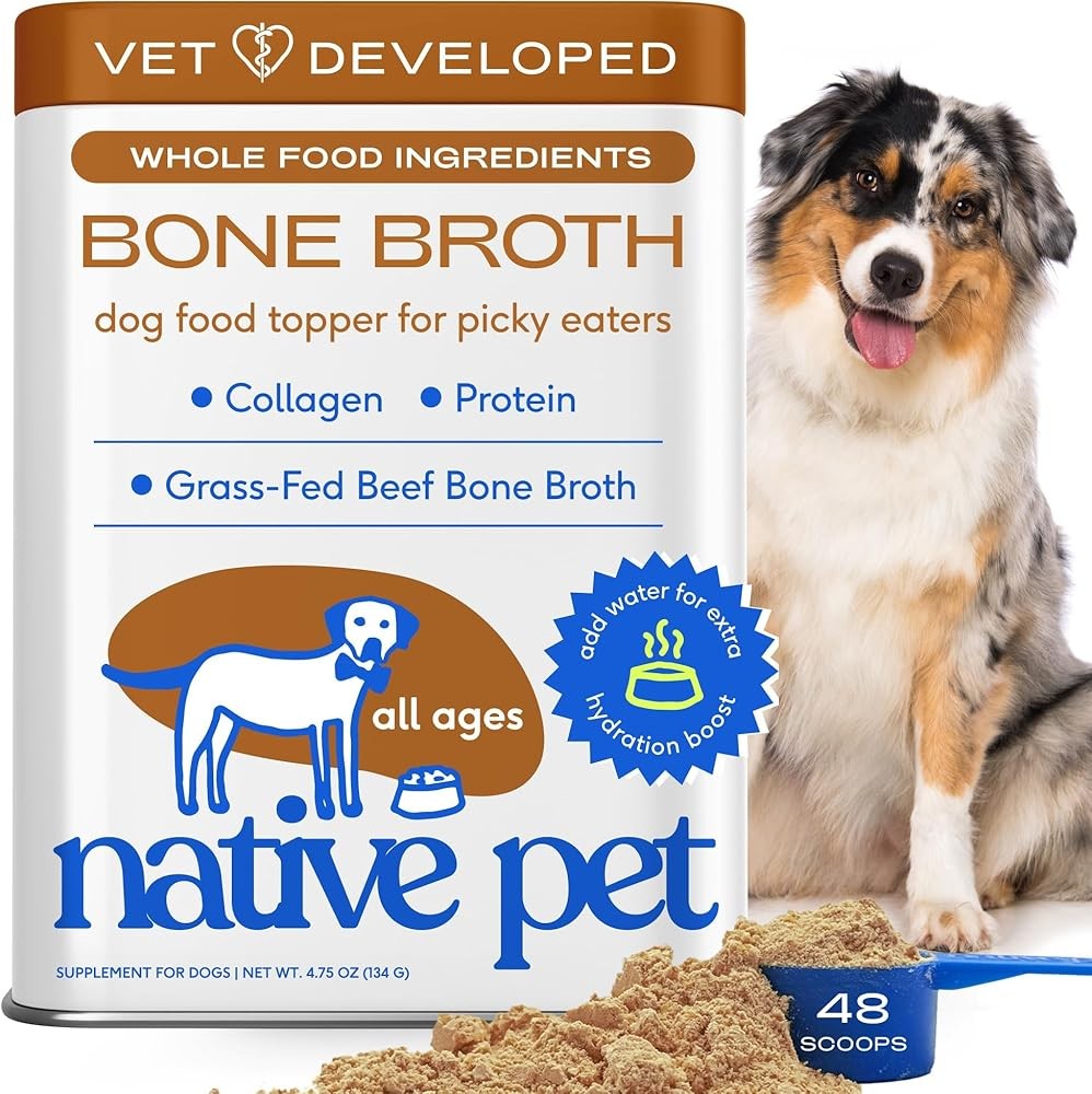 Native Pet Bone Broth for Dogs - Made with Real Beef Bone Broth, Dog Food Toppers for Picky Eaters - Provides Extra Hydration & Nutrition for Joint Strength, Immunity & Heart Health-48 Scoops