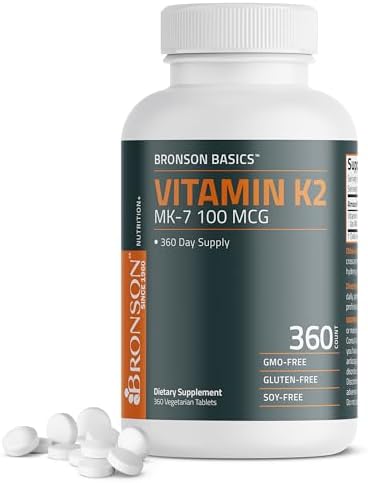 Bronson Vitamin K2 MK-7 100 MCG, K2 as MK7 Menaquinone, Bone Support, 360 Tablets