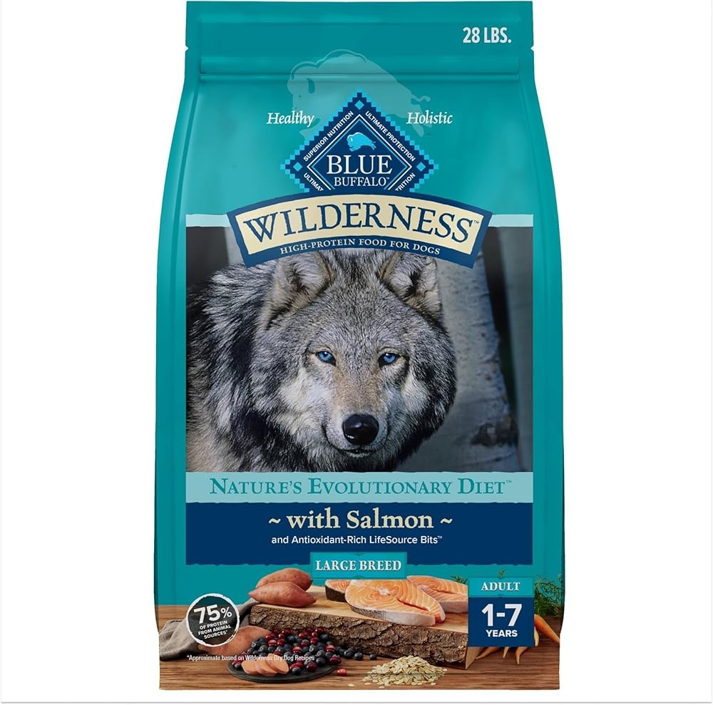 Blue Buffalo Wilderness Natural High-Protein Dry Food for Adult Dogs, with Wholesome Grains, Salmon, 28-lb Bag