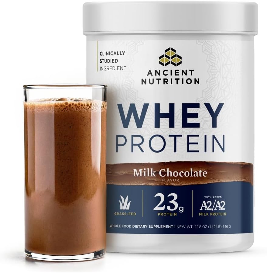 Ancient Nutrition Grass Fed Whey Protein, Milk Chocolate, 23g Protein, 20 Servings, Hydrolyzed Collagen Peptides, Org...