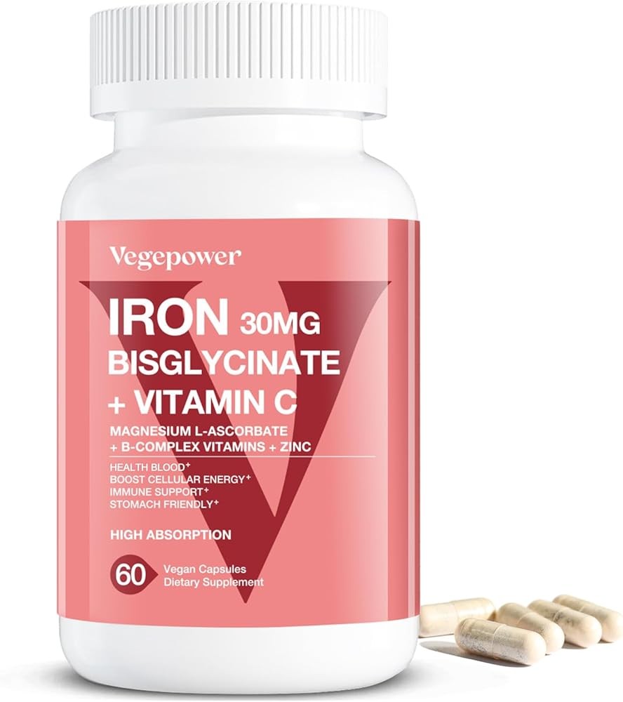Iron Bisglycinate Supplement for Women & Men - 30mg Iron Pills with Vitamin C, B12, Folic Acid - Chelated Iron for An...