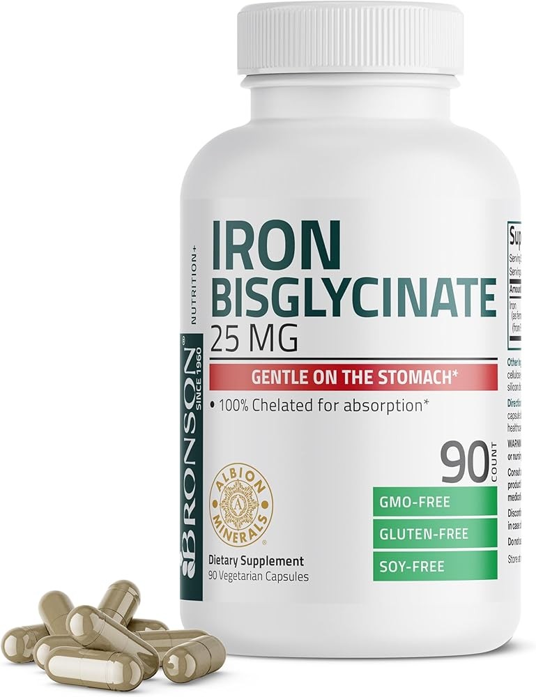 Bronson Iron Bisglycinate 25 mg Gentle on The Stomach, Supports Energy & Healthy Red Blood Cell Production - Non-Cons...