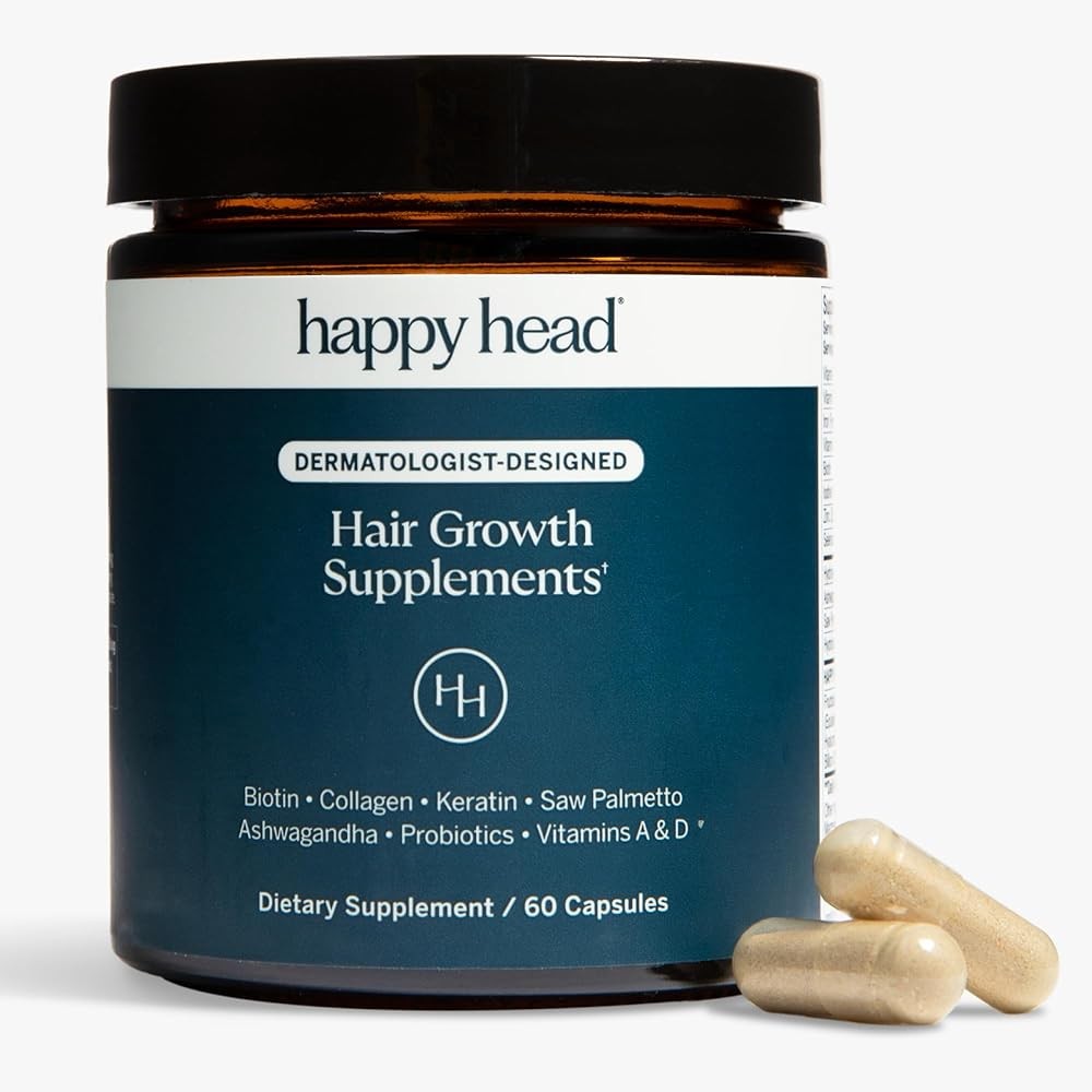 Happy Head Hair Growth Supplement for Men and Women - Thicker, Fuller Hair with Saw Palmetto, Ashwagandha, Biotin, Collagen, Keratin, Probiotics & Vitamins A & D - One Month Supply - 60/ct
