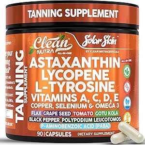 Solar Skin Astaxanthin Tanning Supplement Lycopene L-Tyrosine Vitamins A C D E, PABA Beta Carotene Selenium Grapeseed...